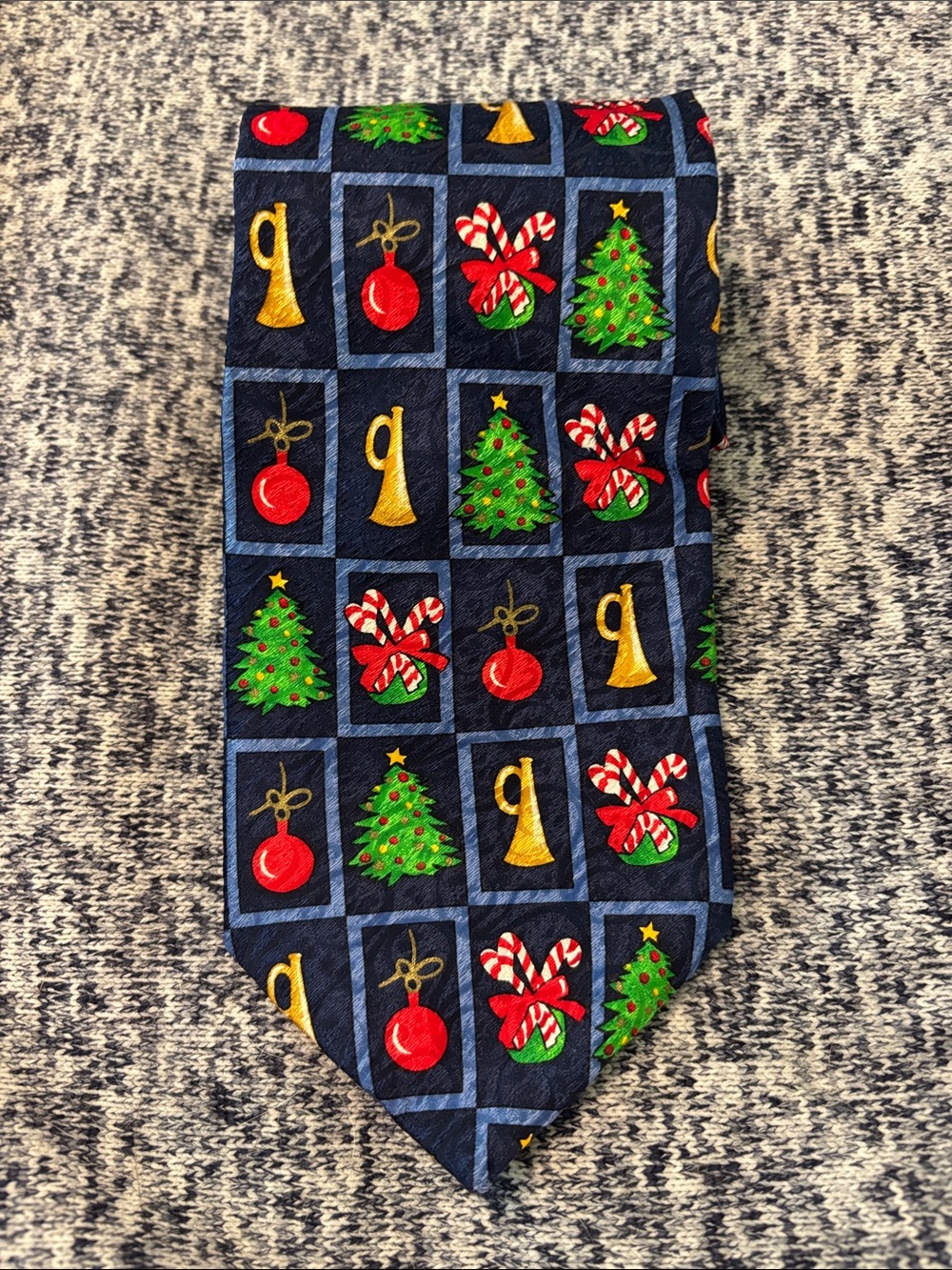 Holiday Kids Tie in Navy with Christmas Tree & Candy Cane Motif